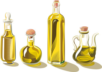 Bottles and glass containers of extra virgin olive oil.