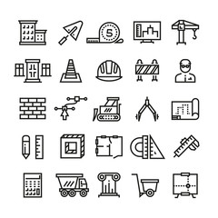 Construction industry, building house, architectural engineering and machinery thin line vector icons