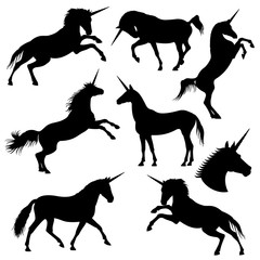 Mythical rebellious unicorn vector black silhouettes