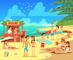 Obraz premium Lato na plaży z opalaniem relaksujący ilustracji wektorowych młodych kobiet i mężczyzn