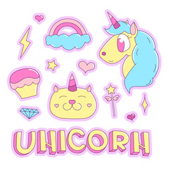Trendy sticker pack with magical unicorn, cat, rainbow, diamond, lightning, star, heart, capcake, magic wand, inscription unicorn. You can use as stickers, icons, pins, patches, etc.