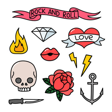 Trendy sticker pack with rose, heart, lips, skull, fire, lightning, crystal, anchor, knife, ribbon with the inscription rock and roll. You can use as stickers, icons, pins, patches, etc.