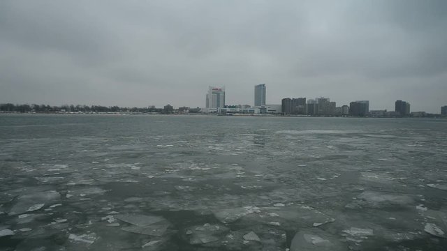 windsor canada city skyline in winter from detroit usa side