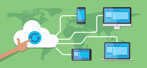 global connection multimedia devices connected with cloud storage backup. worldwide web with earth map background flat vector illustration