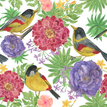 Watercolor painting seamless pattern with beautiful flowers and birds