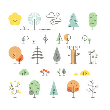 Forest trees line icons with simple geometric shapes