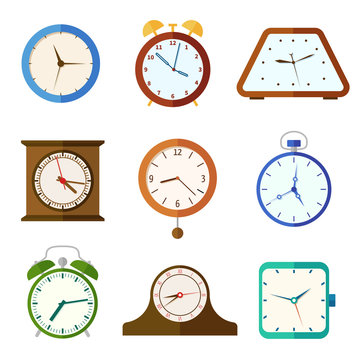 Wall clock and alarm clocks, time vector flat icons
