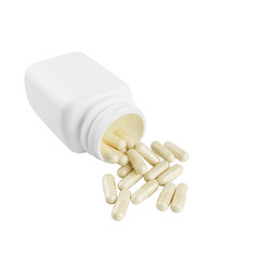 Capsules of glucosamine chondroitin, healthy supplement pills and white container isolated on white background