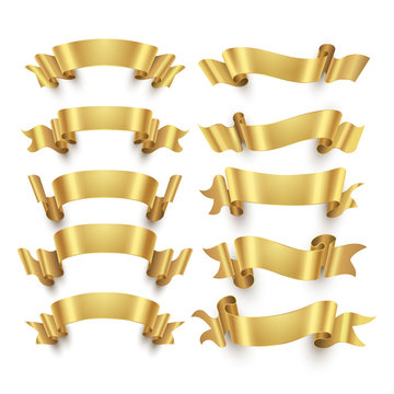 Golden ribbons and gold award banners vector set
