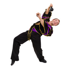 one caucasian man samba dancer dancing isolated on white background