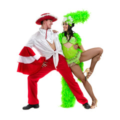 Gypsy flamenco dancer couple dancing against isolated white background