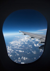   Above the clouds.Wing aircraft on the sky