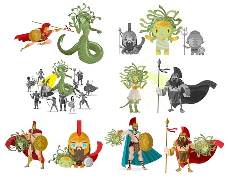 3d render artwork illustration of greek mythological warrior Perseus  defeating monster goddess Medusa Gorgon in ancient greek temple with sword  and golden shield. Illustration Stock