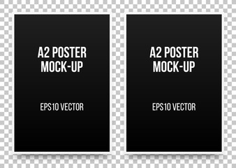 A2 black posters realistic template, mock-up with margins, realistic shadow and transparent background for design concepts, presentations, web, identity, prints. Vector illustration.