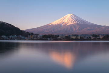Mt.Fuji at Lake kawaguchiko in japan. Mt.fuji reflection on sunrise.