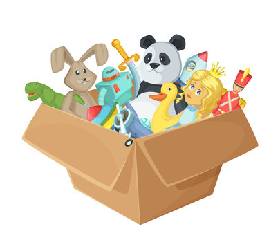 Children toys in cardboard box. Funny vector illustration isolate on white background