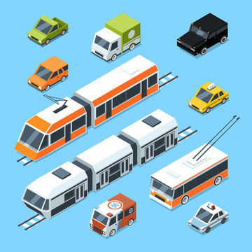 Isometric municipal transport set. Vector illustration isolate on white background