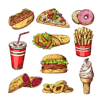 Fast food pictures. Burgers, cola sandwich hotdog and french fries. Hand drawn color vector illustrations