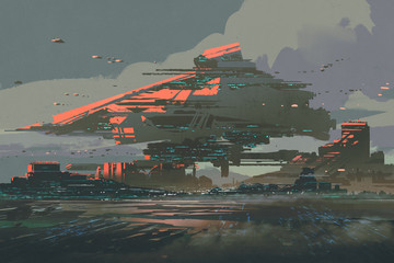 digital art of sci-fi concept with the futuristic colony on a planet with mega structures, illustration painting © grandfailure
