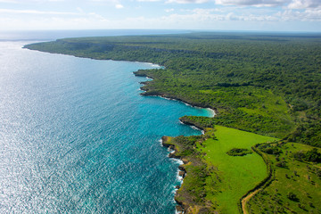 Aerial view of caribbean coastline from a helicopter, Dominican Republic