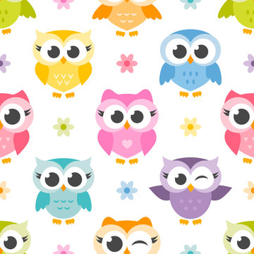 pattern with cute colorful owls and flowers