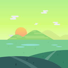 Nature landscape in morning with sun and mountain background vector illustration