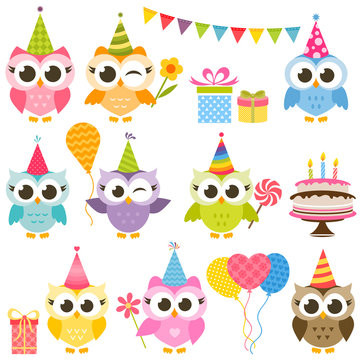 set of cute colorful owls on Birthday party