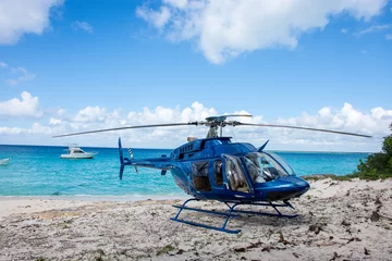 Zelfklevend Fotobehang Blue helicopter on the beach on tree and beautiful ocean and clouds at backgorund © photozhukov