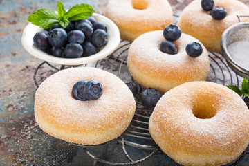 Homemade sugar donuts on cooling rack with fresh blueberries on Old rusty blue metal background. Selective focus.