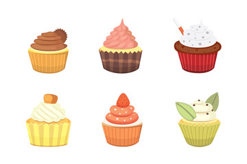 Set of cute vector cupcakes and muffins. Colorful cupcake isolated for food poster design.