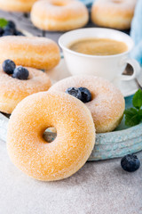 Doughnuts with powdered sugar, cup coffee and fresh blueberries on light gray background. Selective focus. Copy space.