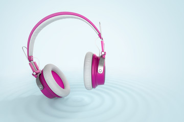 Funny bright wireless headphones isolated on blue surface with audio waves. 3d Conceptual illustration