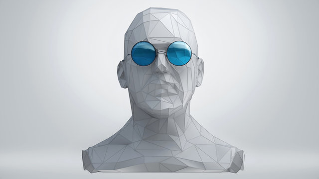 Low Poly style human head in blue glasses on white background. 3d concept Illustration with place for your design.