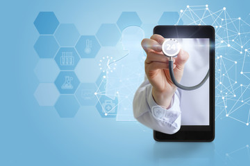 The doctor is listening from a phone.