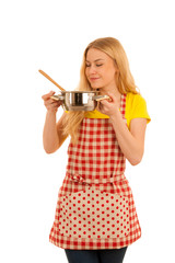 young blond woman cooking isolated over white background