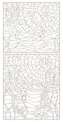 Set contour illustrations of stained glass with fish, dolphins and fish carp