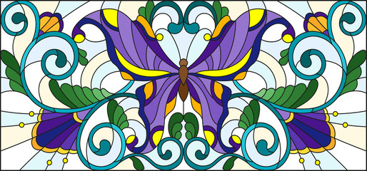 Illustration in stained glass style with bright butterfly and floral ornament on a light background