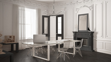 Modern minimalist office in classic vintage room with fireplace, luxury white and gray interior design