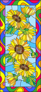 Colorful illustration in stained glass style with flowers, leaves and buds of the sunflower,on a blue background in a bright frame