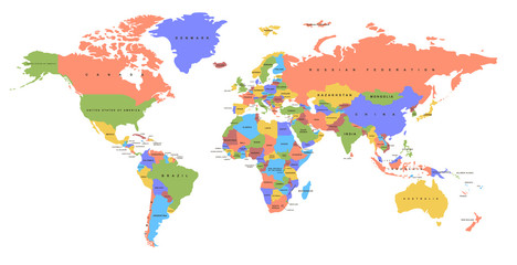 Carte du monde en couleur avec les noms des pays. Carte politique. Chaque pays est isolé.