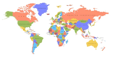 Fotobehang Kleur wereldkaart met de namen van landen. Politieke kaart. Elk land is geïsoleerd. © D1min