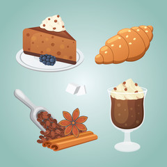 Sweet cofee deserts set. cake, croissant and cappuccino