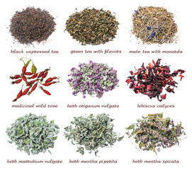 Set of dry tea leaves and herbs isolated on a white background. Black and green tea, mate tea, wild rose, origanum vulgare, hibiscus calyces, marrubium vulgare, mentha piperita and mentha spicata