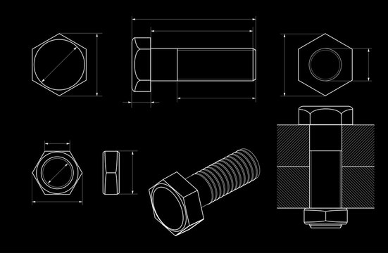 Metal Bolt Technical Drawing On Black Background