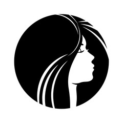 Beautiful woman profile silhouettes with elegant hairstyle, young female face design, beauty girl head with styled hair, fashion lady graphic portrait.