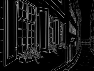 Narrow city street with flowers in window boxes. Hand drawn sketch on black background