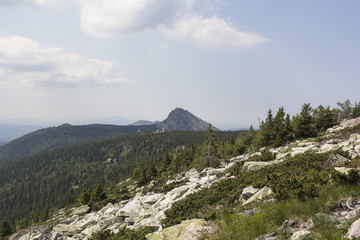 Panoramic view of the mountains and cliffs, South Ural. Summer in the mountains.View from the mountains.
