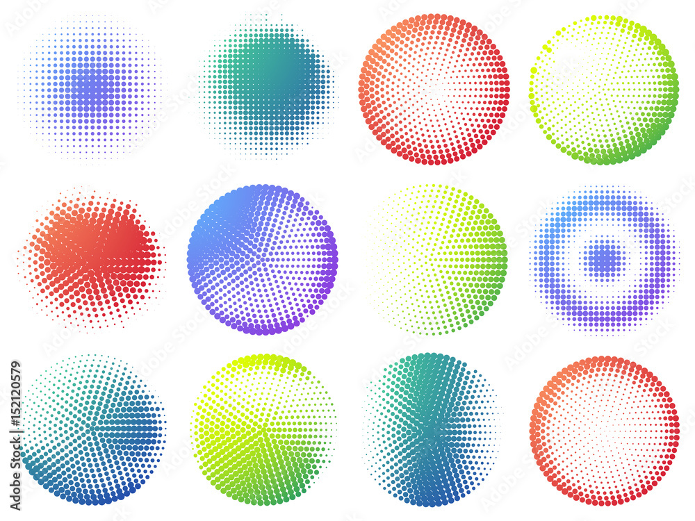 Poster set of colored abstract halftone dot circle backgrounds. vector illustration