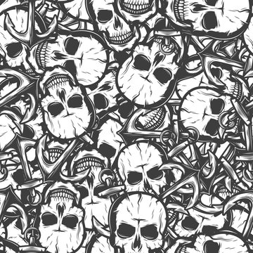 seamless pattern with skulls. Vector illustration background. Black and White
