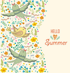 Floral card design, flowers,leaf and birds doodle elements. Illustration made of flowers,herbs and birds.
